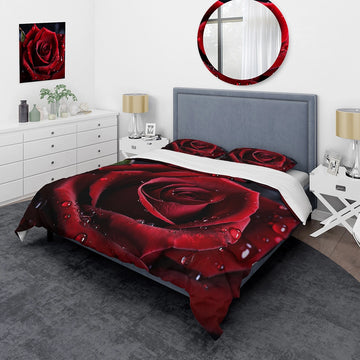 Red Rose with Raindrops I - Duvet Cover Set